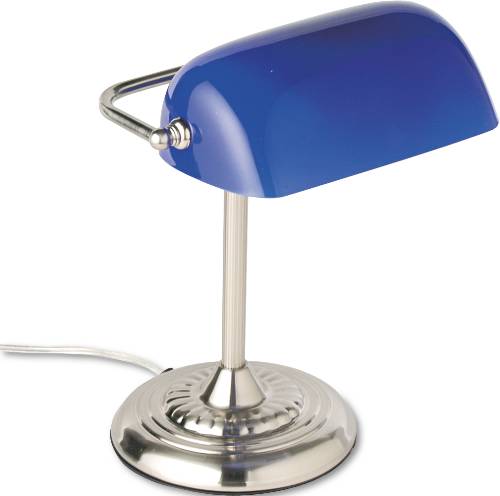 TRADITIONAL INCANDESCENT BANKER'S LAMP, BLUE GLASS SHADE, CHROME - Click Image to Close