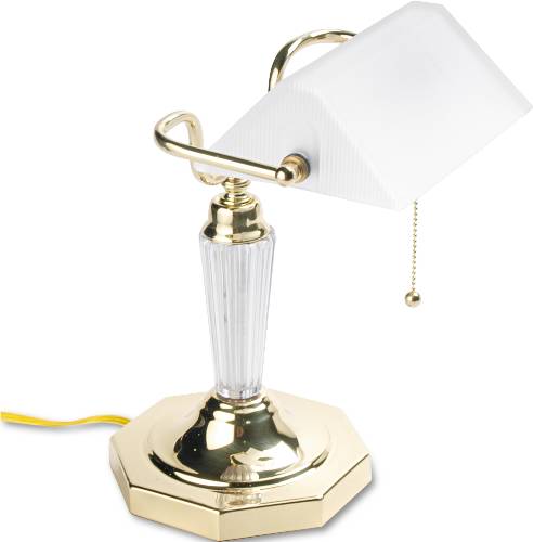 INCANDESCENT BANKER'S LAMP, GLASS SHADE, BRASS BASE, ACRYLIC ARM