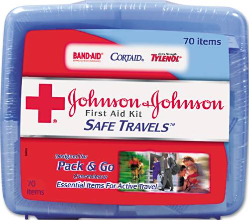 JOHNSON & JOHNSON PORTABLE TRAVEL FIRST AID KIT, 70 PIECES, PLAS - Click Image to Close