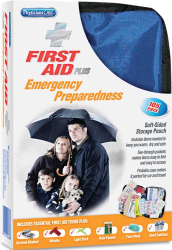 SOFT SIDED FIRST AID KIT, PLUS EMERGENCY PREPAREDNESS ITEMS, 105 - Click Image to Close