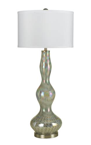 CANDICE OLSON TABLE LAMP HAND BLOWN BLUE LUSTER GLASS WITH WHITE - Click Image to Close
