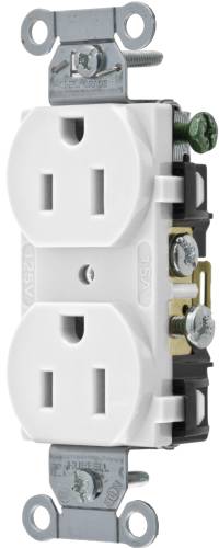HUBBELL COMMERCIAL GRADE DUPLEX RECEPTACLE, 15 AMP, WHITE