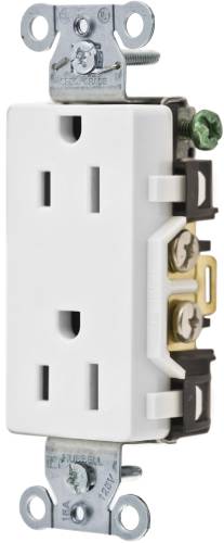 HUBBELL COMMERCIAL GRADE DECORATOR DUPLEX RECEPTACLE, 15 AMP, WH
