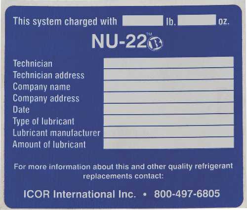 ICOR INTERNATIONAL NU-22B REFRIGERANT SYSTEM ID LABELS, 10 PER