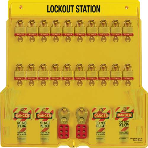 MASTER LOCK 20 PADLOCK STATION WITH COVER AND TWENTY STEEL PADLO - Click Image to Close