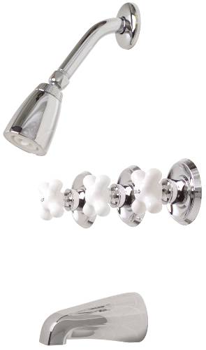 ASHBURY TUB & SHOWER FAUCET WASHERLESS CHROME WITH WHITE CROSS H - Click Image to Close