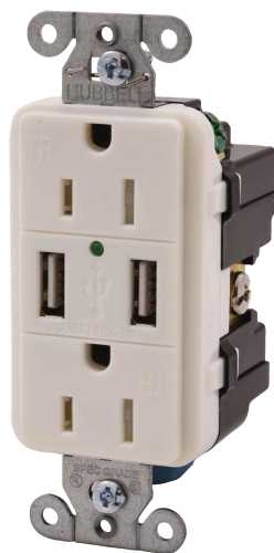 HUBBELL TAMPER RESISTANT USB CHARGER DUPLEX RECEPTACLE, WHITE - Click Image to Close