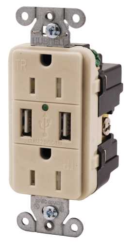HUBBELL TAMPER RESISTANT USB CHARGER DUPLEX RECEPTACLE, LIGHT AL - Click Image to Close